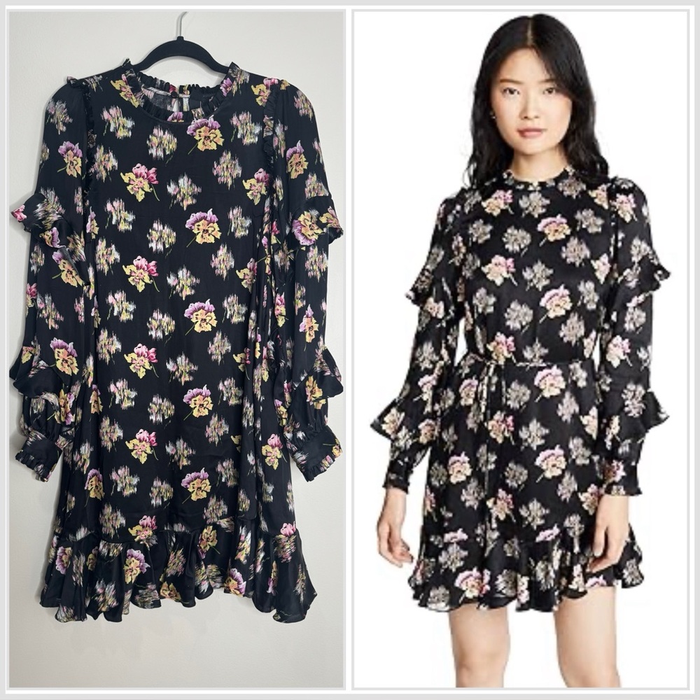 Needle & Thread Black Floral Ruffle Long Sleeve Mini Dress Size 10 Dark Romantic